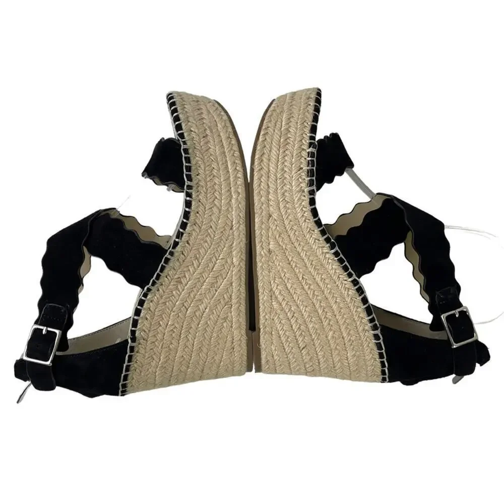 Marc Fisher Calita Black Suede Scalloped Crisscross Platform Espadrille Wedge 7M